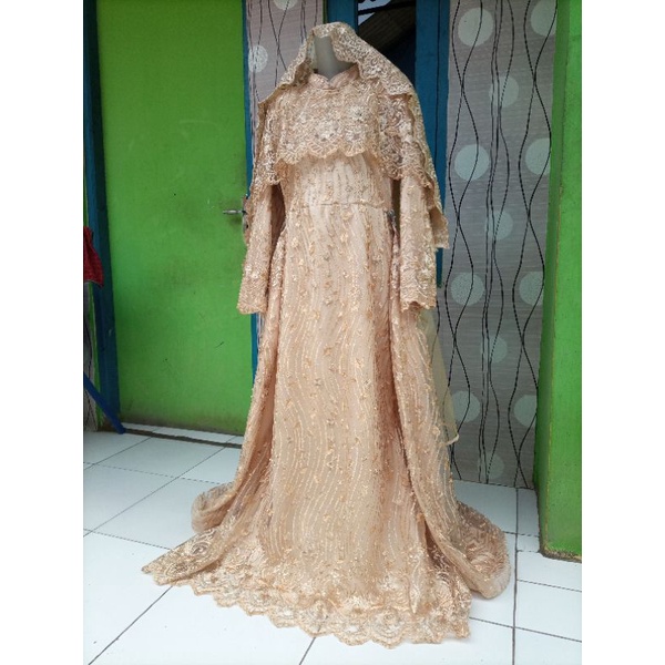 Gaun pengantin Syar'i bisa request ukuran dan Warna / Full Brukat / Full set / Jumbo atau Small / termasuk Aksesoris