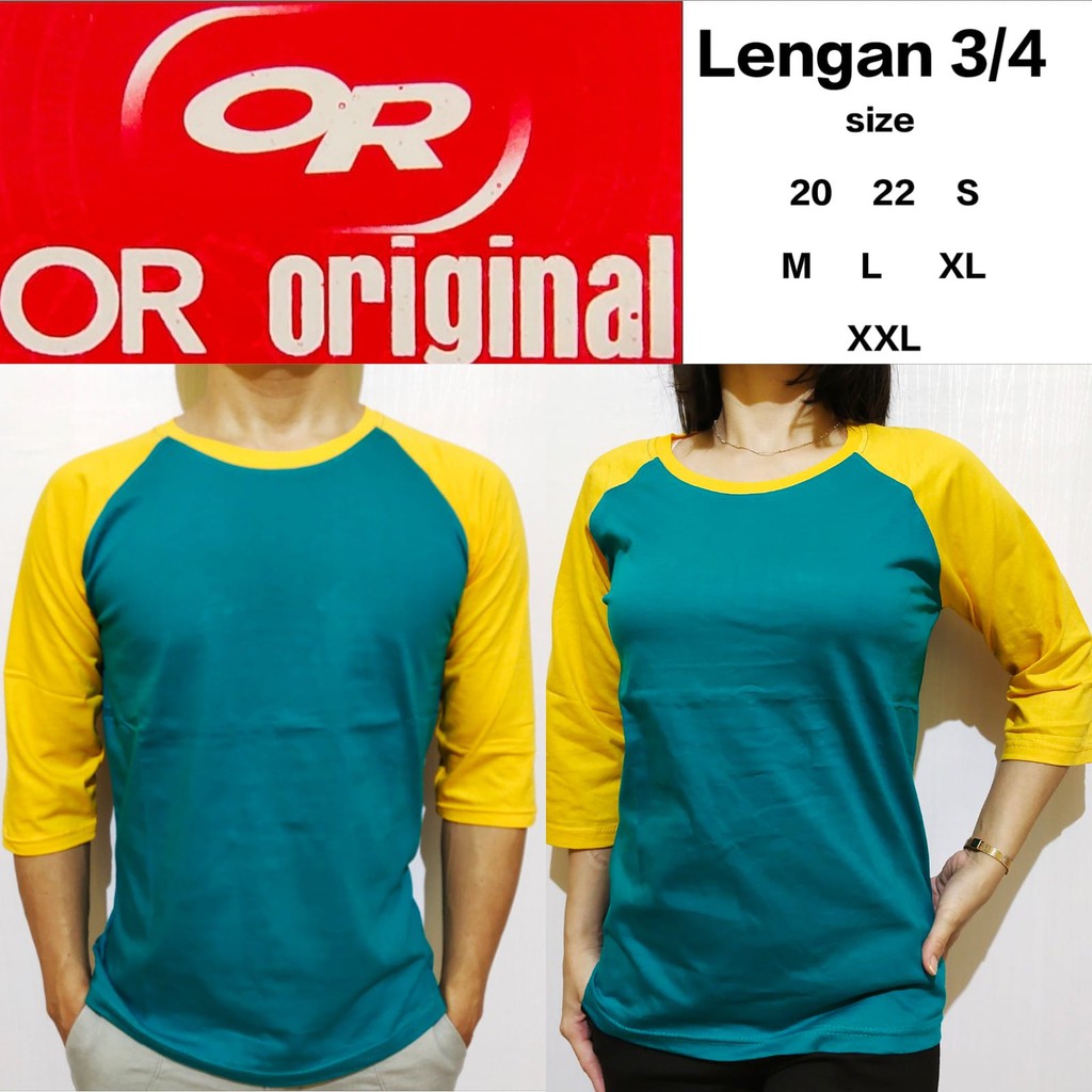 kaos polos raglan hijauTosca lengan kuning 3/4 20 22 S M L XL XXL