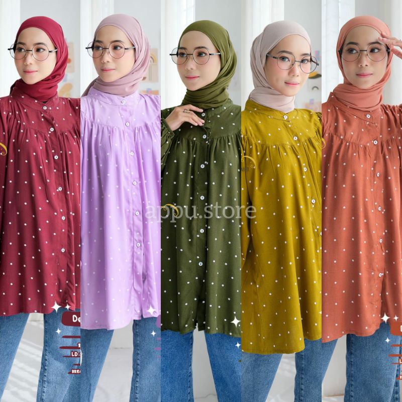 DELNA DEVO BLOUSE BY GHAFFA | BAJU ATASAN BLOUSE JUMBO MOTIF POLKADOT UNYU KEKINIAN CANTIK