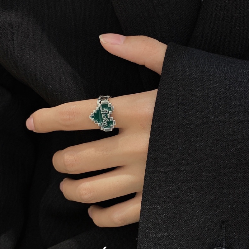 Cincin Model Terbuka Desain Hati Mosaik Warna Hijau Gaya Retro