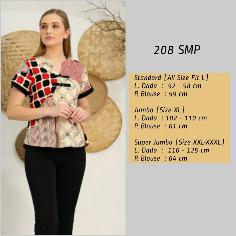 Atasan Blouse Batik Wanita Lengan Pendek Bahan Katun Stretch, 208 AAN / 208 SMP#-Blouse 208 SMP Red