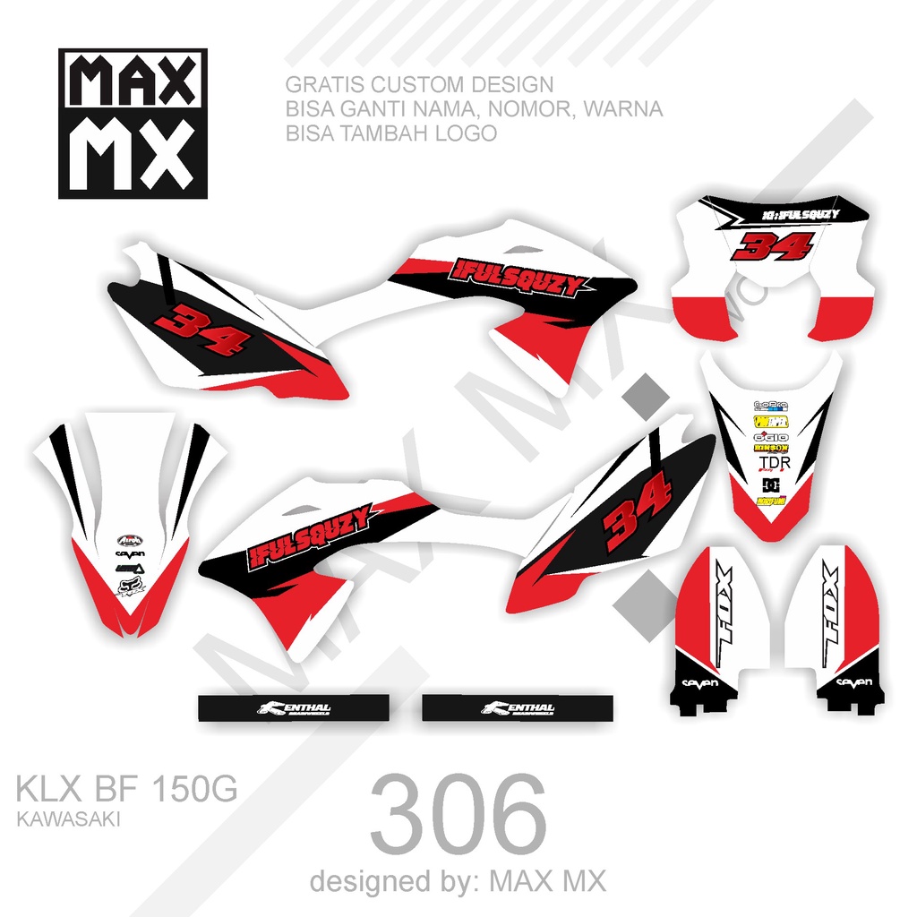 DECAL STIKER MOTOR KLX BF 150 G MOTIF MERAH HITAM SIMPLE
