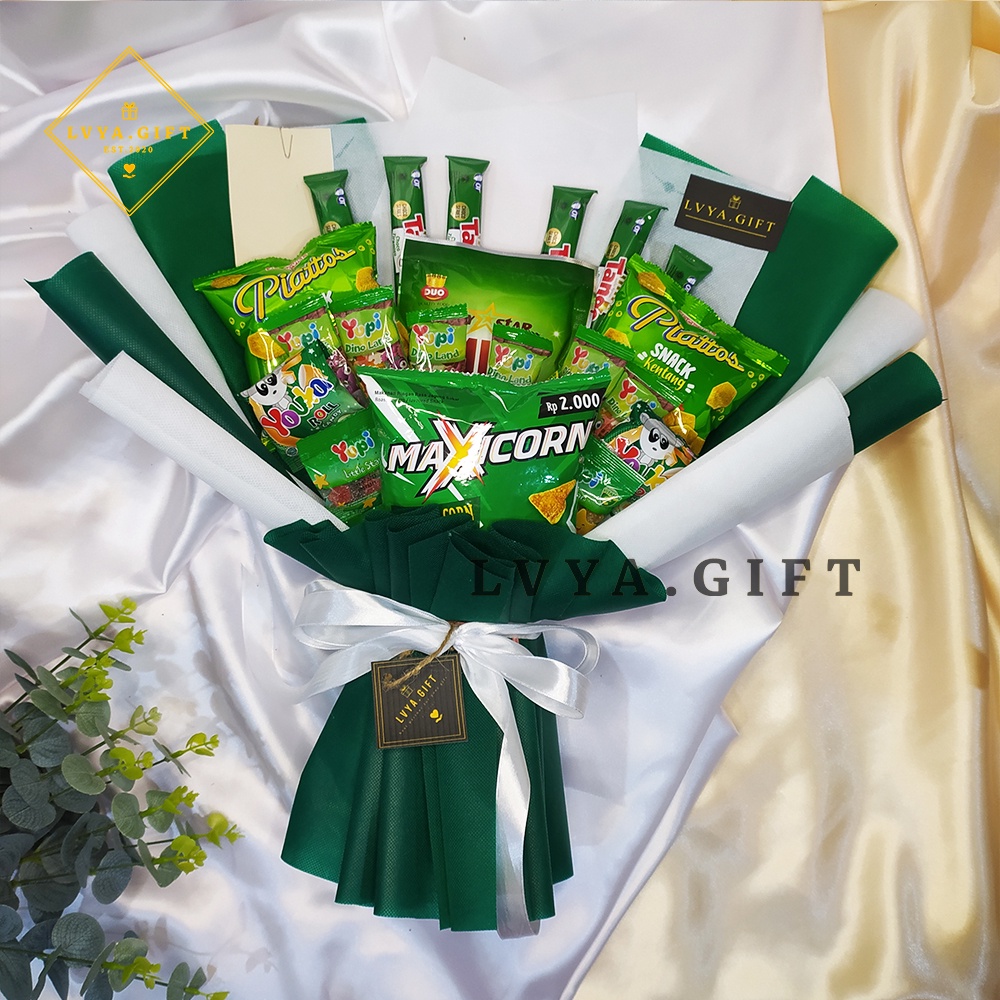 (SNACK 0043) Buket snack tema hijau ukuran besar | Buket serba hijau | Buket makanan | Buket jajan hijau | Buket snack wisuda | Buket snack ulang tahun | Buket anniversary | Buket hari guru | Buket hari ibu | hadiah wisuda | kado ulang tahun