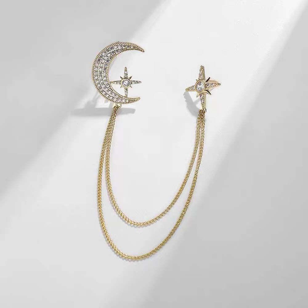 Mxbeauty Bros Bulan Bintang Elegan Warna Perak Romantis Jas Baju Bros Warna Emas Rumbai Rantai Berlian Imitasi Star Moon Chain Brooch Pin