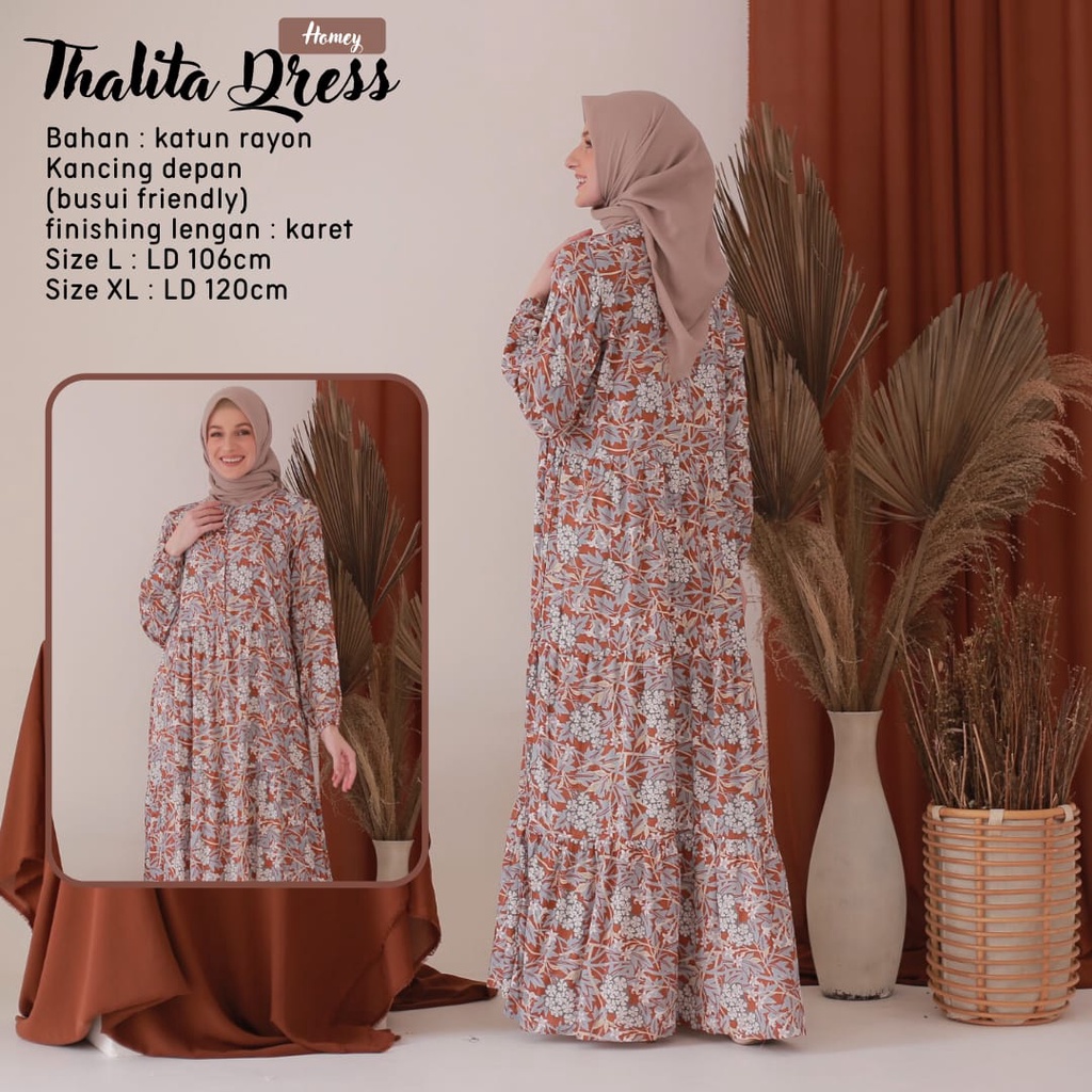 New - Gamis Dewasa Jumbo/Homey Dress Thalita XL-Bahan Katun Rayon Premium Motif Flower-Busana Muslimah Dewasa