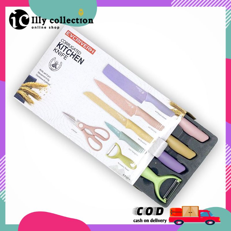 Pisau Set Warna Warni 6 in 1 Jerami Kitchen Knife EVCRIERH