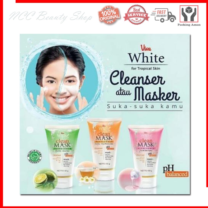 * NCC * Viva Masker Wajah White Clean Mask Refreshner For Oily Or Acne Skin Cleanser - Netto 50 gr