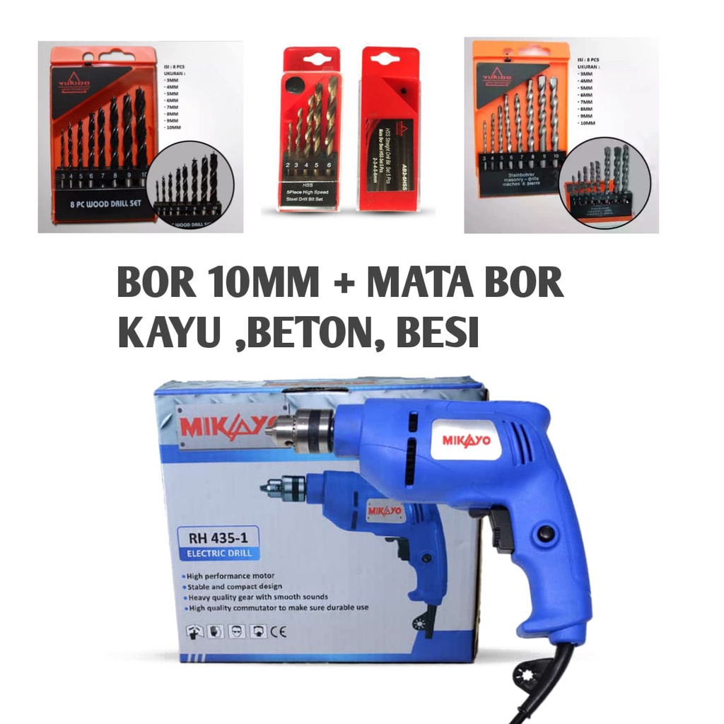 BOR SET Mesin Bor 10 mm Bolak-balik plus mata bor besi kayu beton