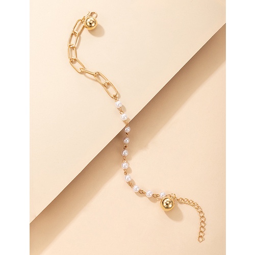 LRC Gelang Kaki Fashion Golden Geometric Bell Pearl Anklet V81357