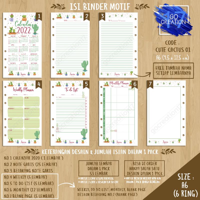 

Buku Planner isi Kertas Binder Motif Cute Cactus 01 Premium A6 ring 6