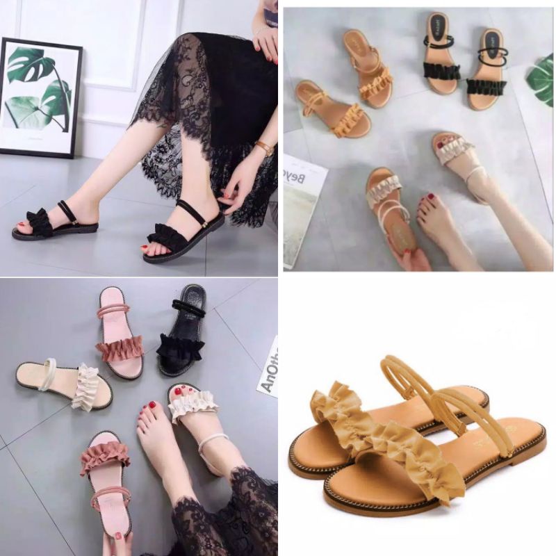 Sandal Flat Wanita Kokop Kerut Tali Belakang