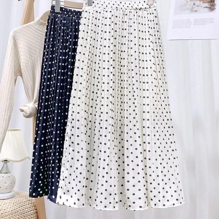 Berkualitas Rok Plisket Polkadot/Fashion Rok Maxi Wanita Kantor Vintage Berlipat Pinggang Tinggi Ele