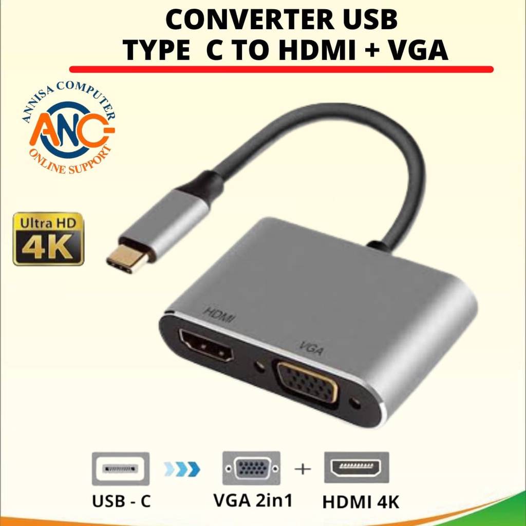 CONVERTER USB TYPE C To HDMI + VGA / Adapter 2IN1 TIPE Ke Macbook Pro