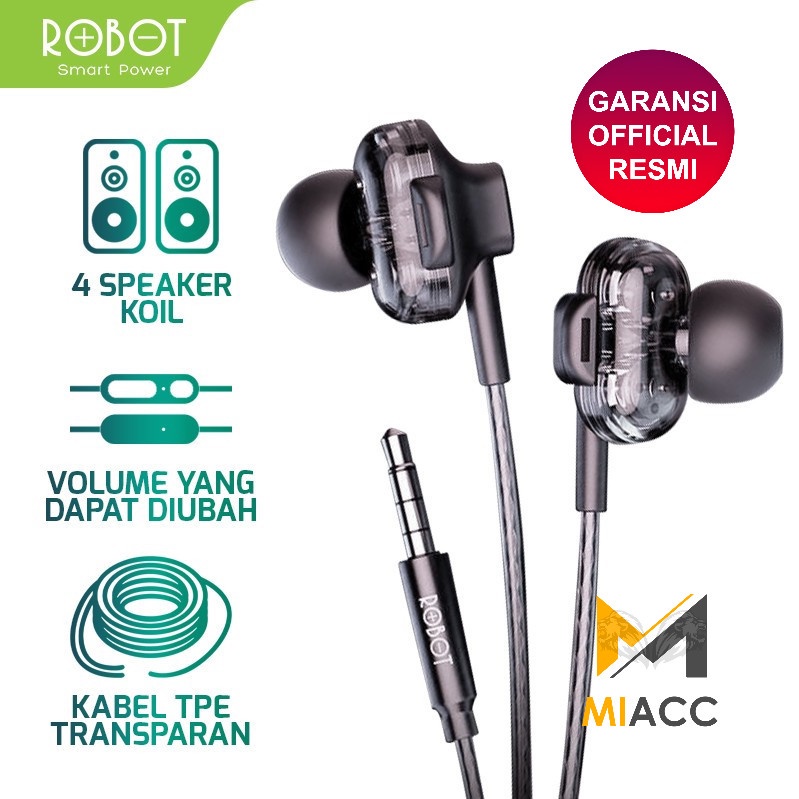 Headset Robot RE30 Wired Earphone Bass Android iPhone Original