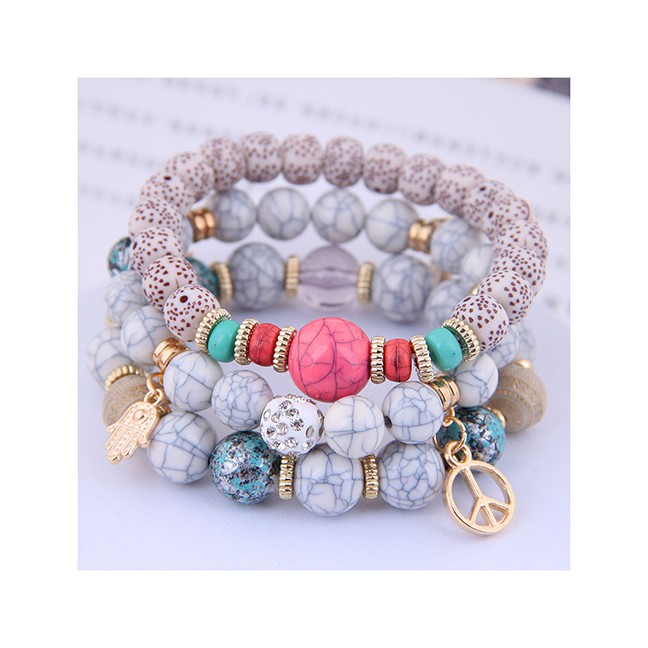 LRC Gelang Fashion Gray Wooden Beads Multi-element Pendant Multi-layer Bracelet A59089