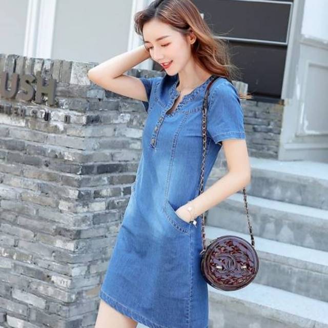 DRESS JEANS WANITA LENGAN PENDEK DENGAN 2 KANTONG