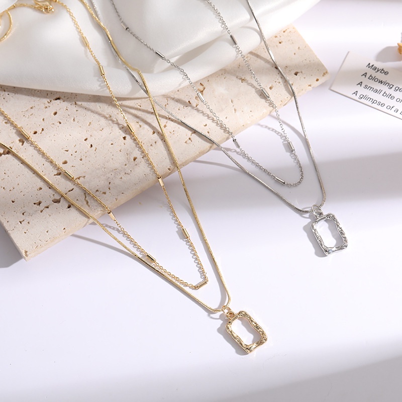 AY(CN) Korean Square Hollow Multilayer Necklace Simple Glod Silver Pendant Chain Choker Women Accessories Jewelry Gift