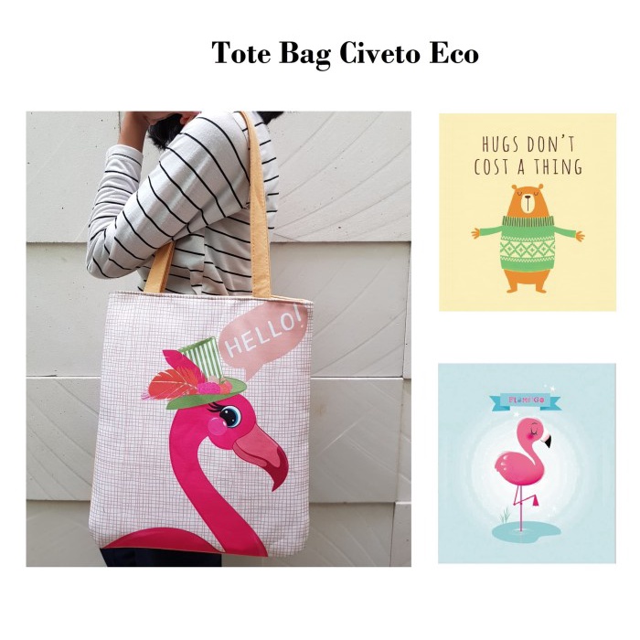 Terlaris TC43 Civeto Eco Printed Canvas Tote Bag / Tas Bahu Pundak Shoulder - Beruang Motor