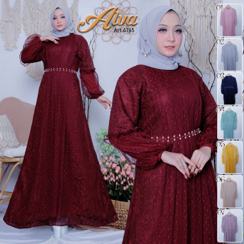 GAMIS PESTA  BRUKAT TILE MUTIARA 