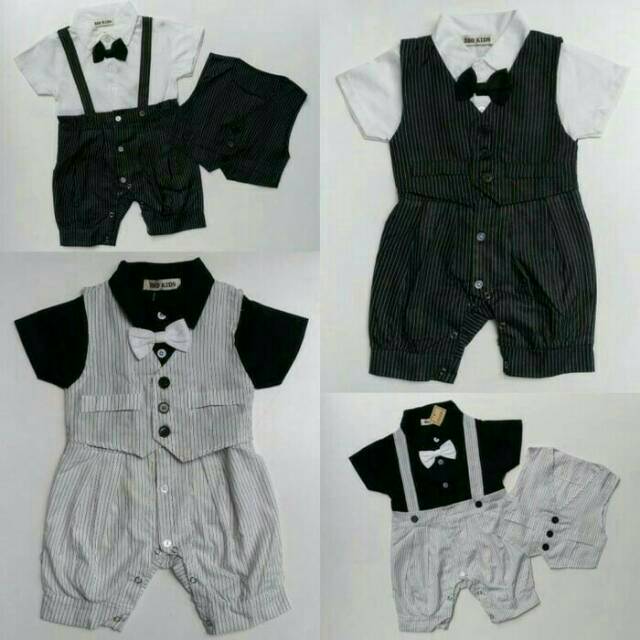 Baju Pesta Anak Laki Cowok Romper Suspender Rompi Lepas Garis Hitam Putih