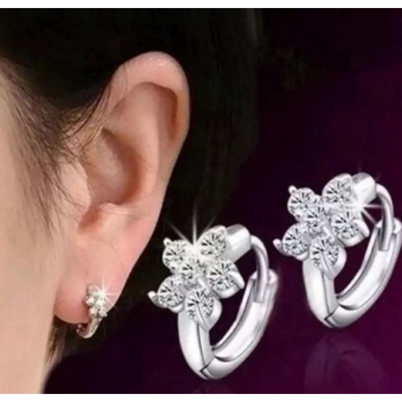 anting jepit bunga silver fashion wanita titanium original anti luntur dan karat