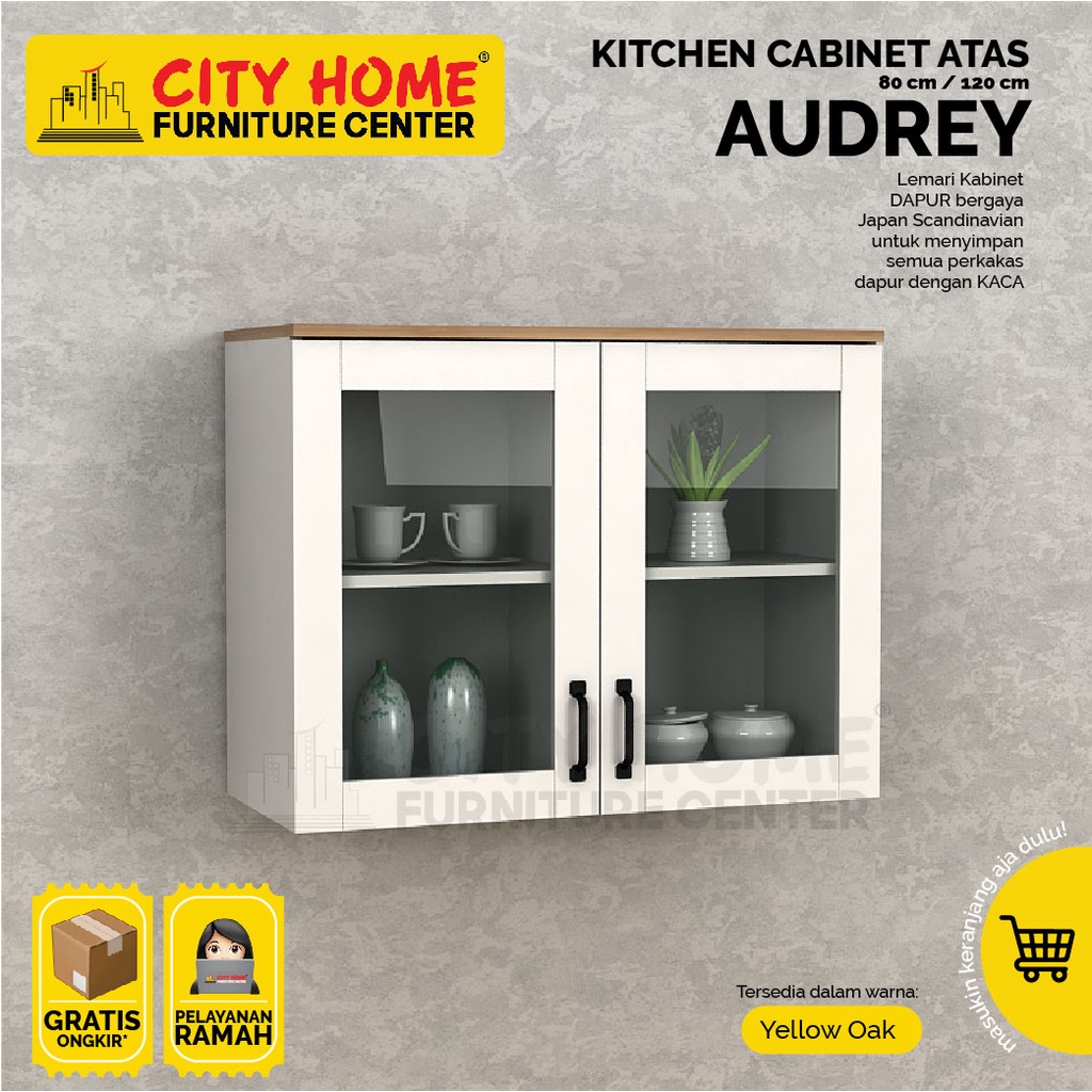 AUDREY Kitchen Cabinet Kaca Atas / Rak Dapur Putih + Yellow Oak | City Home Cikarang