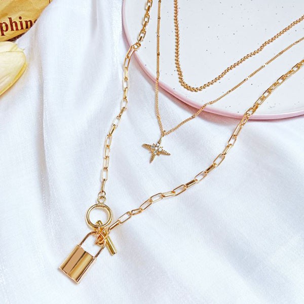 kalung multilayer star lock pendant multilayer necklace jka207 (1H1)