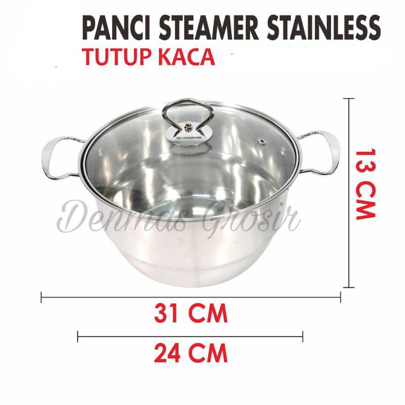 (COD) Panci Steamer Calypso Stainless / Panci labu Calypso 16 &amp; 18cm / Soup Pot Calypso Tutup Kaca / Panci Stainless