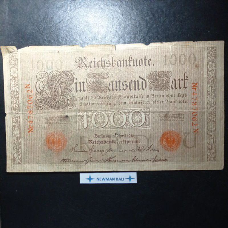 Uang Kertas Kuno Asing 1000 Mark Negara Jerman Tahun 1910