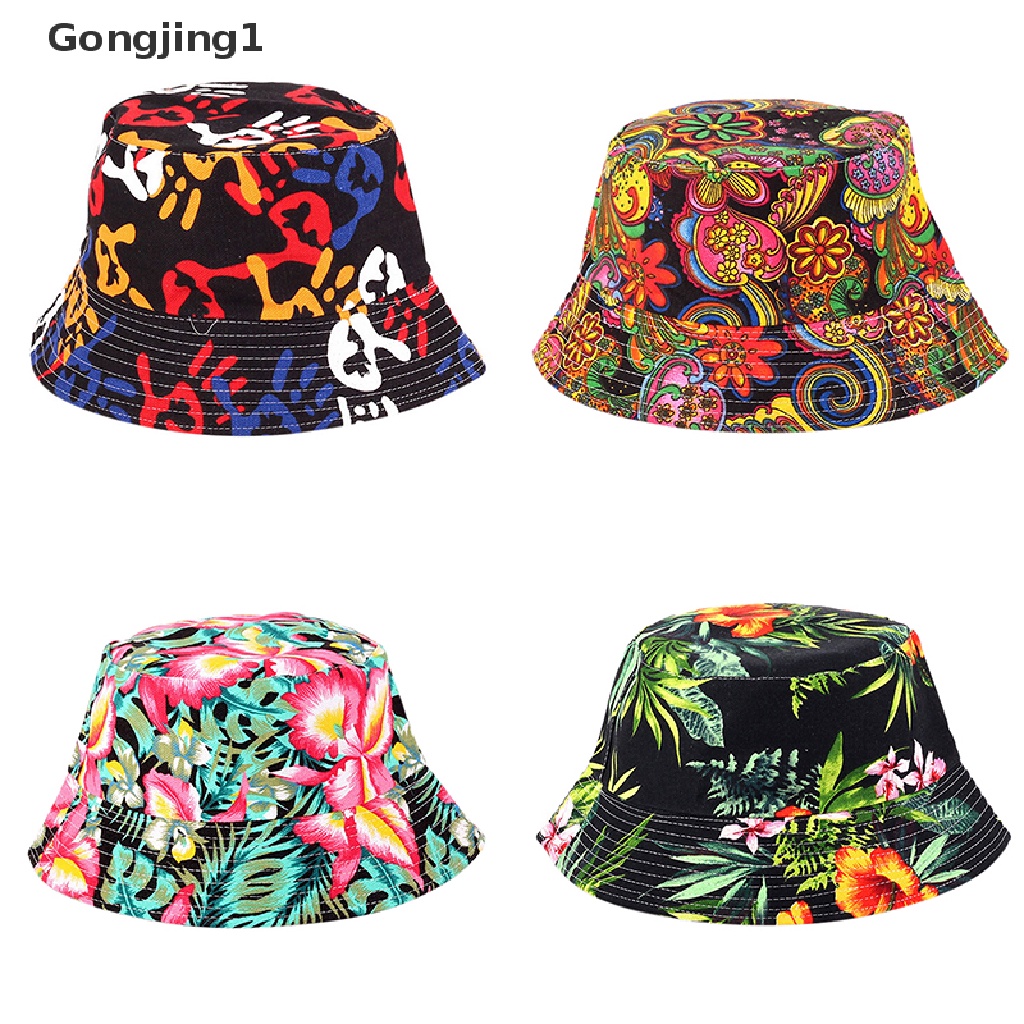 Gongjing1 Topi Bucket Pria / Wanita Motif Bunga Untuk Hunting / Memancing / Outdoor