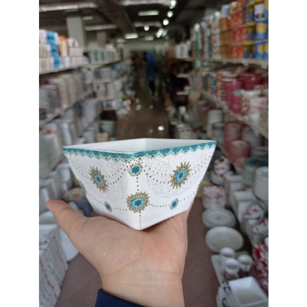 Mangkok Keramik Kotak SANGO Blue Diamond Beautiful Cantik 10 cm
