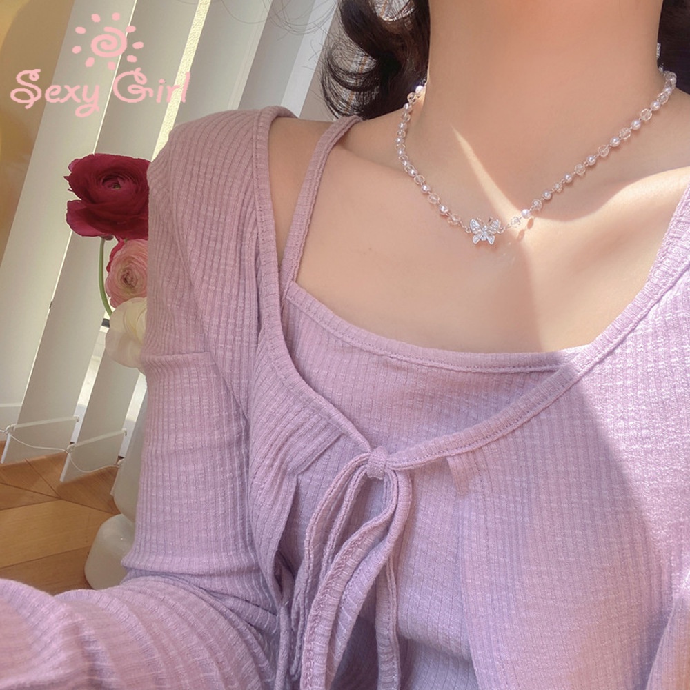 Korean Fairy Butterfly Necklaces Crystal Pearl Clavicle Chain Girl Heart Clavicle Chain Necklace Sexy Girl Jewelry