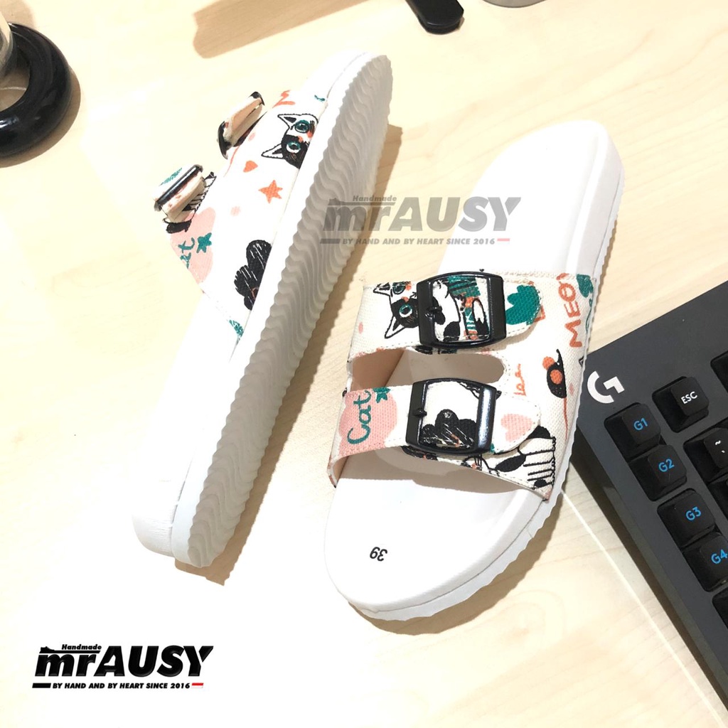 Sandal Selop Wanita Cewek Casual mrAUSY Strap 2 Gesper 2 Motif