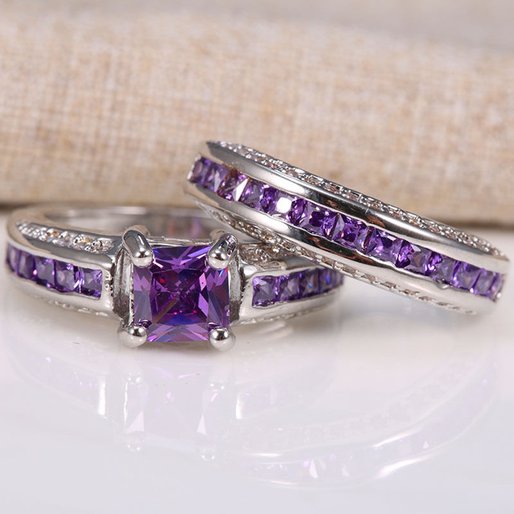 Hu Hu Hu Hu Hu Alat Bantu Pasang Kacamata♡ 2pcs Cincin Pernikahan Hias Amethystberlian Imitasi Bentuk Persegi Gaya Putri Untuk Wanita
