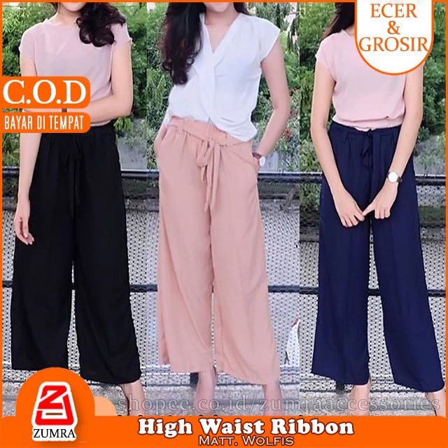 Celana Wanita Kulot Wolfis Highwaist Ribbon Pants Casual