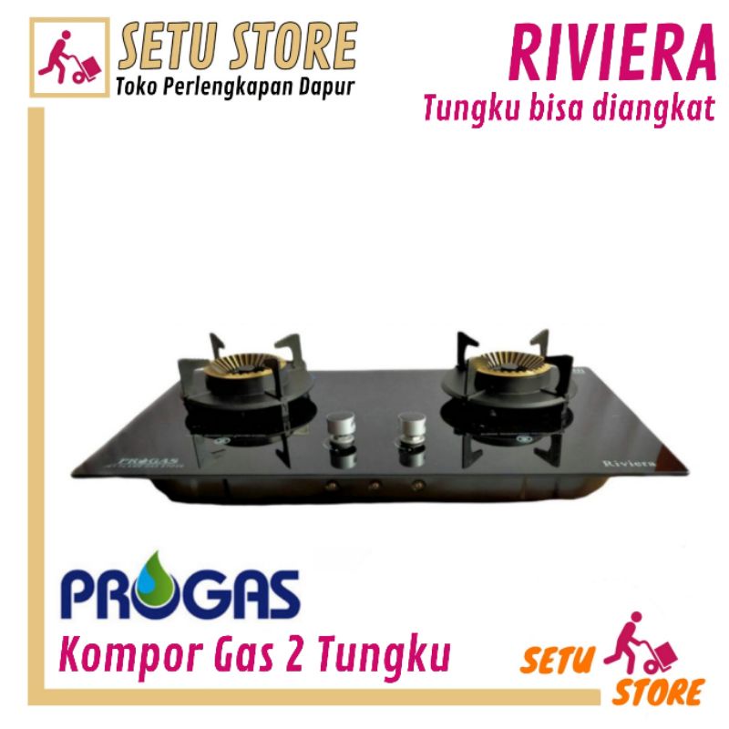 Kompor tanam kaca gas LPG Progas Riviera 2 tungku bisa diangkat sudah SNI