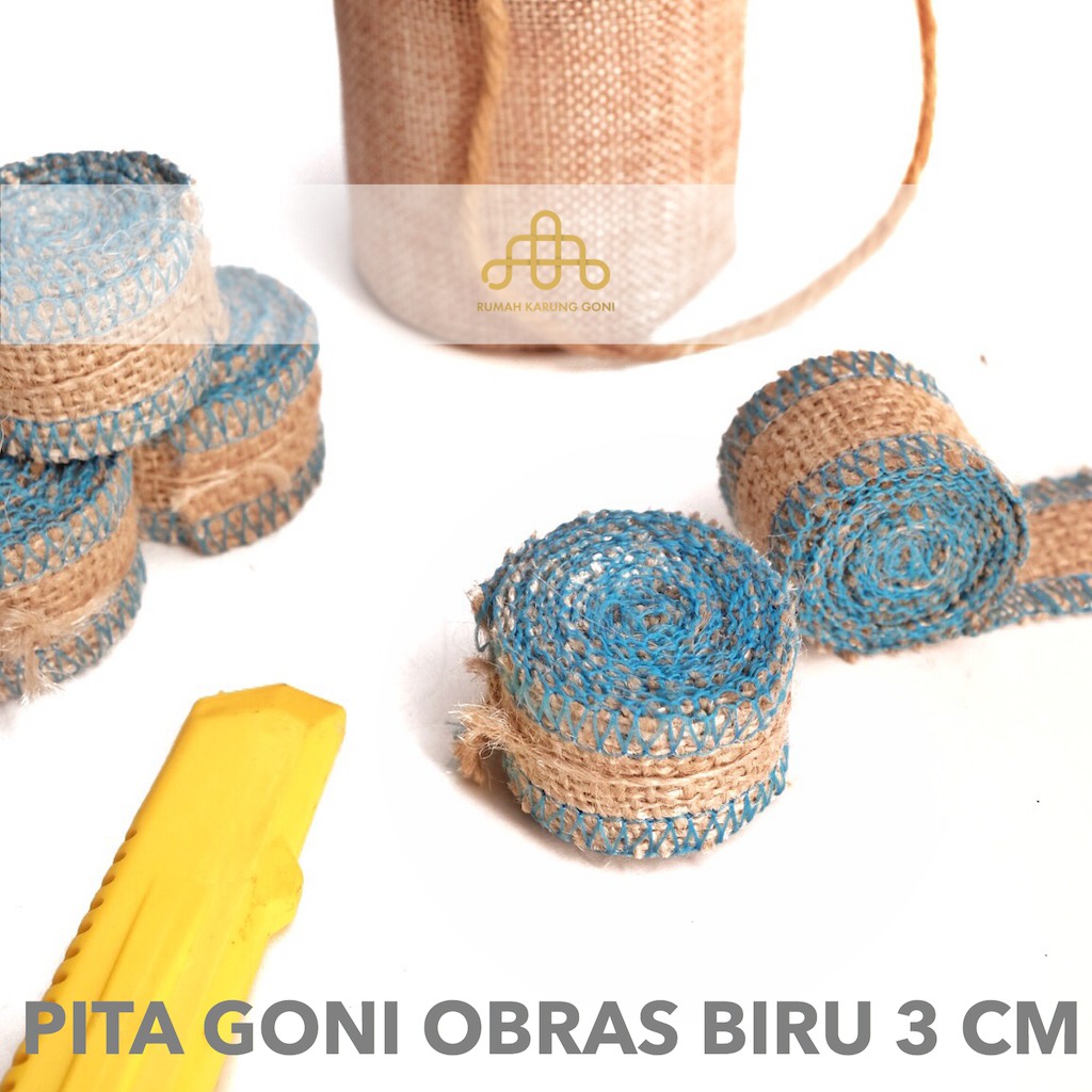 Pita Goni Obras Biru 3 cm x 115 cm - Pita Toples - Pita Kado - Pita Karangan Bunga - Pita Hampers