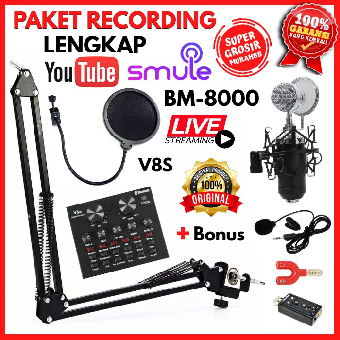 Paket Recording Lengkap Microphone Mic BM 8000 BM8000 Soundcard V8s Youtube Smule Karaoke