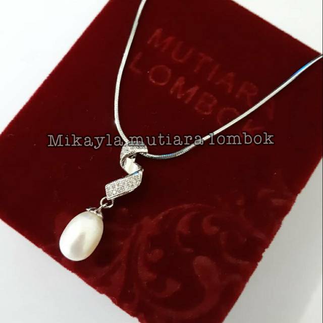 Kalung mutiara Lombok (liontin mutiara tawar Lombok oval)Rhodium mutiara lombok asli