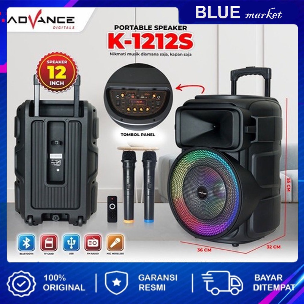 Advance Speaker Roda / Tripod Bluetooth Portabel 12 Inci / 2 Mic Gratis / Fungsi Tws / Lampu Led Disko K1212S