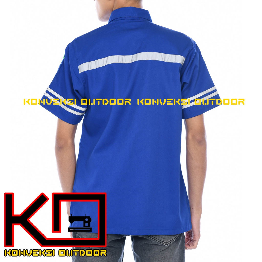 KEMEJA WEARPACK BAJU SAFETY K3 OUTDOOR INDOOR - Seragam Kemeja Kerja Lapangan Lengan Pendek Proyek Bangunan Tambang Alat Berat PLN Enginer Instalasi Mesin werpek sefti Scotlit Warna Biru Konveksi Outdoor