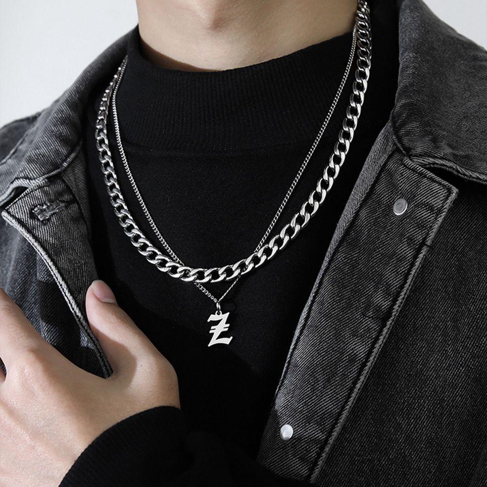 Needway   Kalung Baja Titanium Punk Keren Wanita Pria Sweater Rantai Double Layer Pasangan Kalung Gaya Korea Necklace