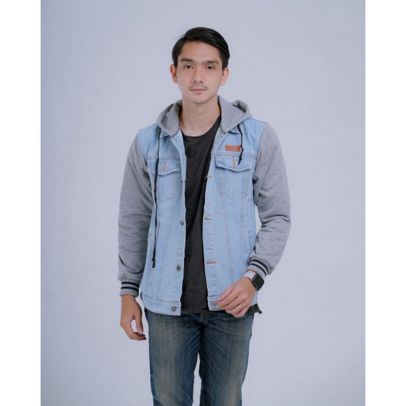 TERMURAH ! JACKET JEANS DENIM REGLAN PRIA JAKET JEANS BOY HOODIE KOMBINASI FLEECE BIG SIZE L XL XXL-BOY BIOBLITZ GRAY