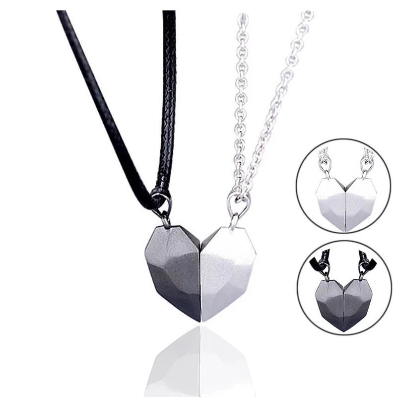 [2Pcs Personality Magnetic Couple Pendant Necklace] [Creative Lovers Heart Pendant Distance Faceted Charm Necklace] [Popular Choker Necklace Women Valentine's Day Gift]