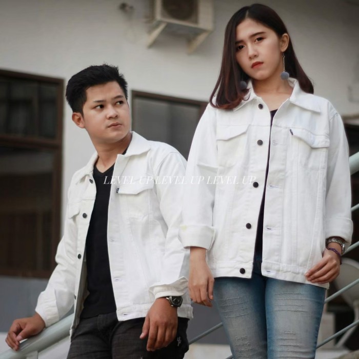 jaket jeans couple jaket couple pasangan jaket seragam warna putih - Couple Putih, M dan M