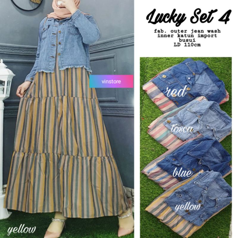 SETELAN WANITA GAMIS LUCKY SET #4 BY VINSTORE/OUTER JEANS WASH INNER KARUN IMPORT/LD 110 BUSUI FRIEN