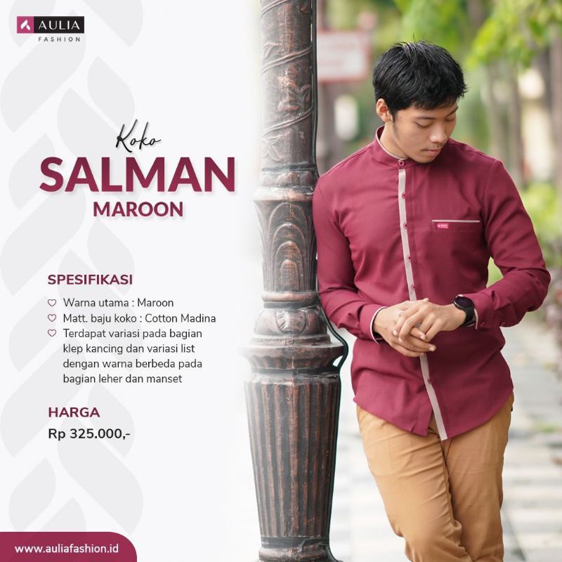 BAJU KOKO MODERN AULIA FASHION SERI "SALMAN MAROON" KOKO LENGAN PANJANG TERBARU BAHAN KATUN MADINA