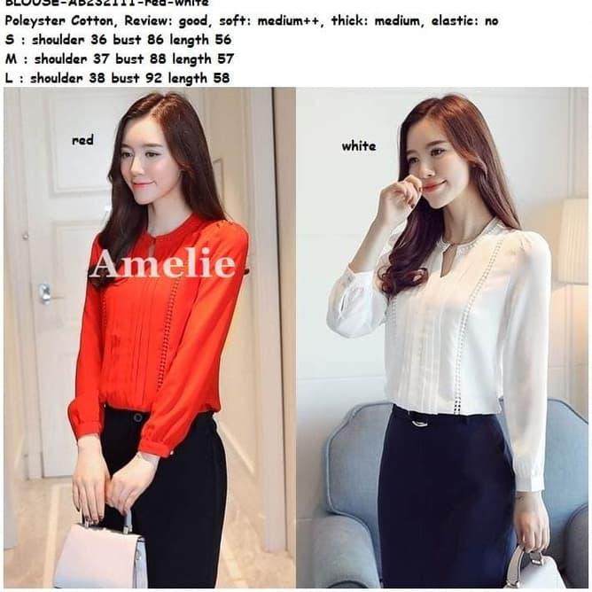 Baju Atasan Kerja Lengan Tunik Blouse Korea Import Merah Putih Red /Fashion Muslim Wanita