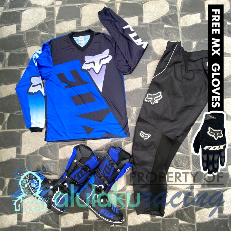 Jersey, Celana, Sarung Tangan &amp; Sepatu Fullprint with Protectors Fullset MX Trail Motocross - Paket Bundling FOCTFG060106-F41