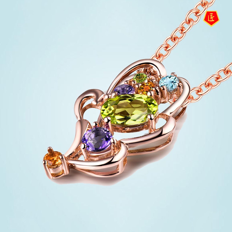 [Ready Stock]Leaf-Shaped Colorful Gemstone Pendant 18K Rose Gold Exquisite Elegant